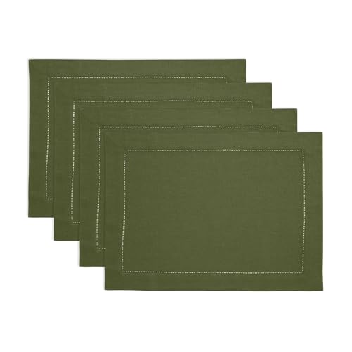 Solino Home 100% Pure Linen Placemats Olive Hemstitch, 14 x 19 in, Set of 4