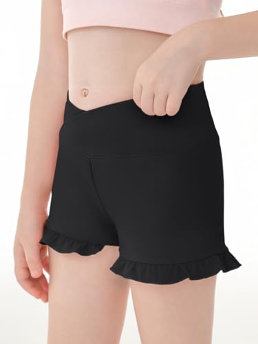 Haloumoning Girls Athletic Ruffle Shorts V Crossover High Waisted Yoga Dance Gymnastics Shorts 5-14Y2