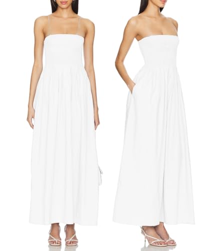 Aigeman Women Detachable Strap Dress Strapless Smocked Bodice Maxi Dress Pockets Long Swing Flowy Beach Sundress 373