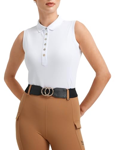 FitsT4 Sports Womens Equestrian Tank Top UPF50+ Sleeveless Horse Riding Shirts Polo Collar Button Up for Workout Golf Tennis White XL