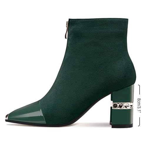 XINIUNIU Women's Ankle Boots Block Chunky Heels Booties Metal Square Toe Suede Front Zipper 3 Inch Short Boot Dress2