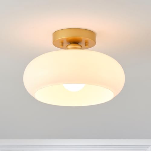 MIAOMEIO Vintage Gold Semi Flush Mount Ceiling Light,11 Inch Milk