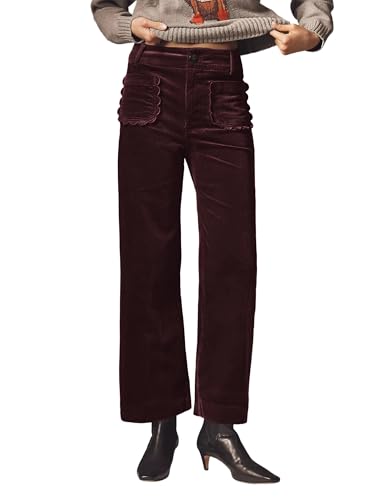 ACCPUR Women Corduroy Wide Leg Pants 2025 Fall Fashion Casual Button Down High Elastic Waist Trousers with Scalloped Pockets Dark Brown
