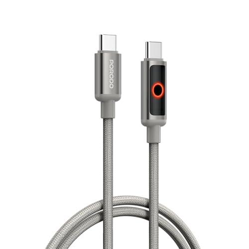 Porodo Chargelite USB-C to USB-C Cable, PD 60W, 1M Wire, Auto Power Off, LED Smart Indicator, 480Mbps Data Transfer Speed, Fast Charging, Durable Braided Cable - Grey