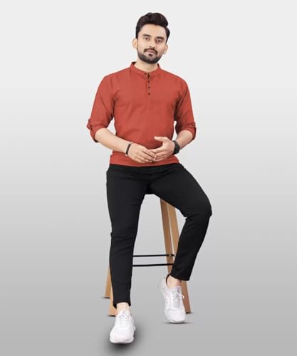 Image of DEEMOON Men's Regular Fit Solid Sprad Collar Casual Shirt with a Trendy Mandarin Collar Crafted from a Premium Cotton Blend