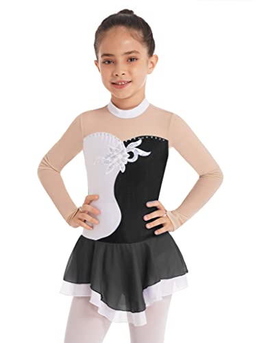 Tssoe Kids Girls Long Sleeve Sequins Printing Ice Roller Figure Skating Dress Illusion Ballet Dancewear B03 12 Years #TOP2