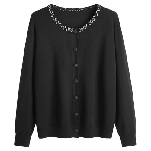 Vhersily Cárdigan de mujer Suéteres de punto para personas mayores y de mediana edad con cuentas de cuello redondo elegantes abuela chaquetas de moda de color sólido clásico Streetwear Invierno a