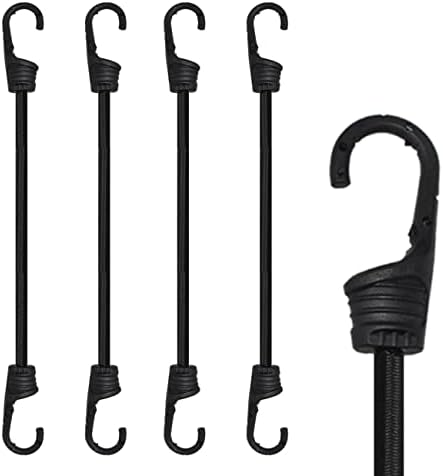 MARRTEUM 12-Inch Bungee Cords with Hooks Black Elastic Rope Straps for Camping, Bike, Folding Wagon, Trunk etc. [4PCS, Plastic-clad Steel Hook]