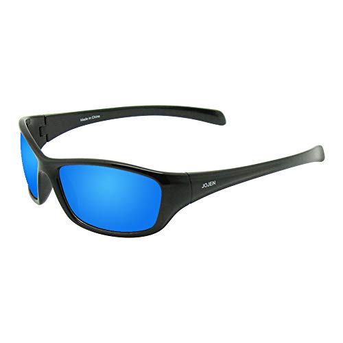 JOJEN Polarized Sports Sunglasses for men women Baseball Running Cycling Fishing Golf Tr90 ultralight Frame JE001(Black Frame Blue REVO Lens 32)