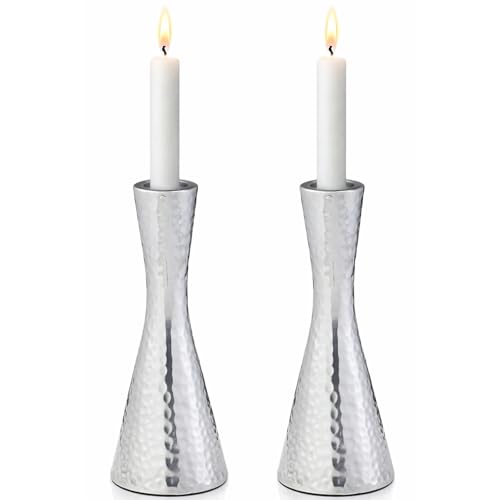 Rite Lite Hammered Polished Aluminum Candlestick Holder Set of 2 | Elegant Jewish Holiday Party Favor Shabbos Home Decor Gift Gifts Hostess Judaica Centerpiece Modern Shabbat Candle Holders 5.75 H