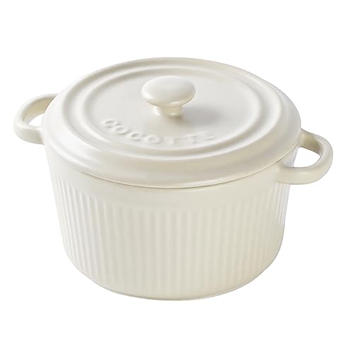 Cacerola Con Tapa De 250 Ml, Pequeños Moldes Redondos De Cerámica Con Asas Para Lasaña, Carne, Verduras, Para Freidora De Aire Caliente, Horno, Microondas, Color Blanco