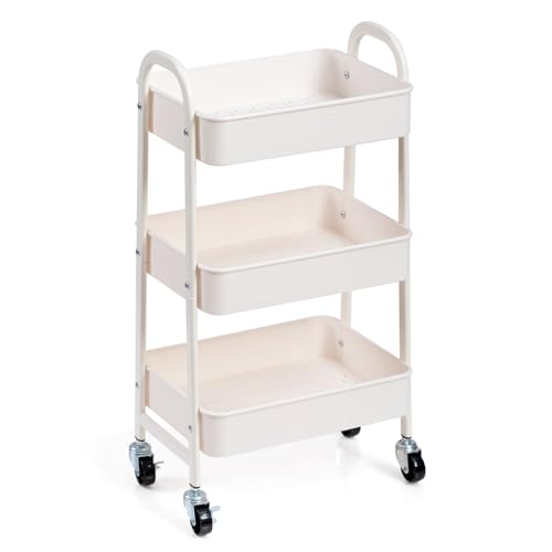 Image of AGTEK 3-Tier Rolling Carts with Wheels, Rolling Utility Cart with Iron Frame for Kitchen, Plastic Shelves, Living Room, Office, White