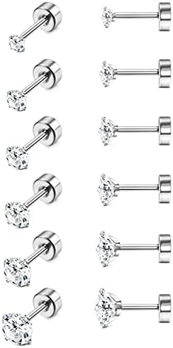 MILACOLATO 6 Pairs 18G Hypoallergenic Earrings Stainless Steel for Women Men Cartilage Helix Earrings Set Round Cubic Zirconia Titanium Earrings Screwback Flat Ball Back Stud Ear Piercing