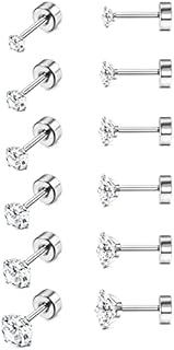 MILACOLATO 6 Pairs 18G Hypoallergenic Earrings Stainless Steel for Women Men Cartilage Helix Earrings Set Round Cubic Zirconia Titanium Earrings Screwback Flat Ball Back Stud Ear Piercing