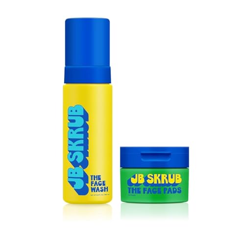JB SKRUB The Face Duo Set Gentle Foaming Face Wash (5 fl. oz) & Exfoliating Acne Pads (40 Count) for Kids Tweens & Teens Fragrance-Free Cleanser & Alcohol-Free Toner Pads for Clear Smooth Skin