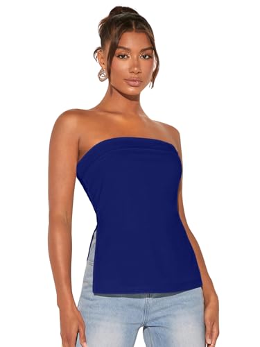 Image of Aahwan Women Polyester Slim Fit White Solid Split Strapless Hem Tube Top with Side Slit Crop Top