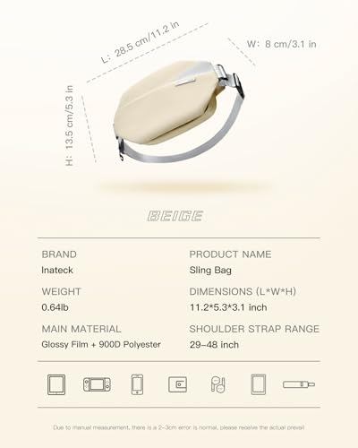 Image of Inateck Sling Bag X, Multi-pocket Crossbody Shoulder Chest Bag with Adjustable Shoulder Strap, Water-resistant Waist Fanny Pack for Men, Women, Travel, Daily Use, Cycling, Hiking, Beige, Small