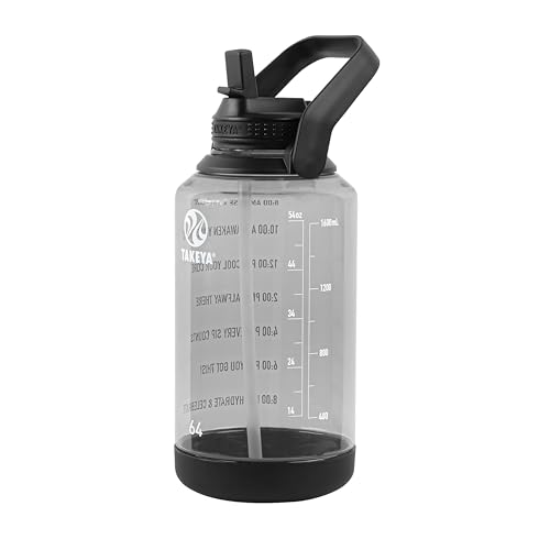Takeya Tritan Motivational Water Bottle with Flip Straw Lid - Durable, BPA-Free - With Time Marker - Leakproof & Bumper - 64 oz, Stormy Black