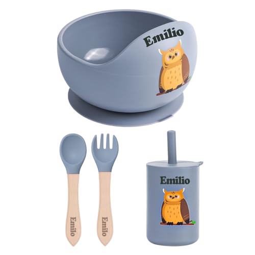 TYRY.HU Personalizada Cubiertos Bebe,Vajilla Bebe Silicona,Juego de Platos Bebe con Ventosa,Cubiertos Infantiles,Incluye Tenedor,Cuchara y Bol,Tazas Baby Led Weaning