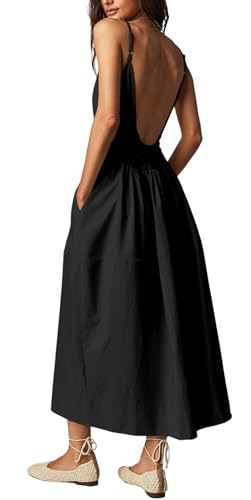 Fisoew Womens Spaghetti Strap Dress V Neck Backless Summer Casual A Line Cami Dress with Pocket4