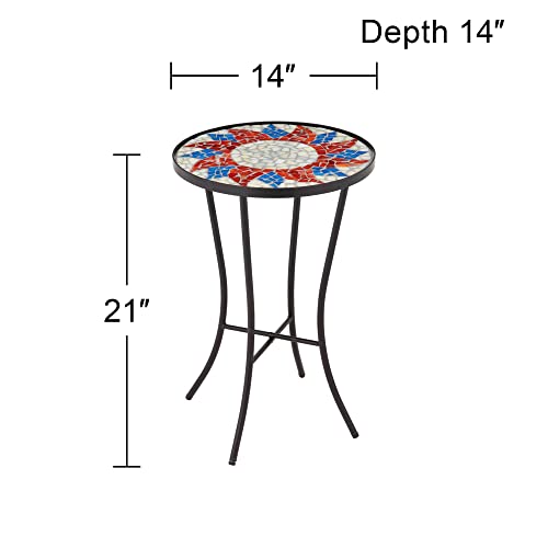 Teal Island Designs Sunburst Modern Black Iron Round Outdoor Accent Side Table 14" Wide Red Ivory Mosaic Tabletop Gracefully Curved Legs For Patio Spaces Porch Patio Home House Balcony Yard Deck #TOP6
