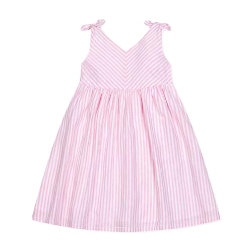 Hope & Henry Girls Sleeveless Bow Shoulder Swing Dress in Linen 3 Classic Pink and White Stripe