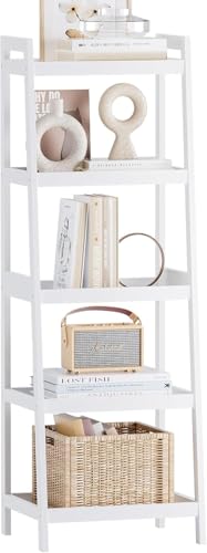 SMIBUY Bamboo Ladder Bookcase, Bathroom Storage Rack Organizer, 4 Tier and 5 Tier Freestanding Plant Display Stand Space Saver Shelves for Bedroom, Kitchen, Balcony (White, 5 Tiers (50' H))