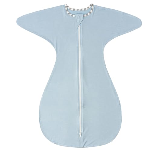 Image of ZIGJOY Shark-Fin Transitional Swaddle for Newborn - 0.5 Tog Rayon Made from Bamboo Transition Swaddle Sleep Sack 6-12 Months Baby Arms Up Swaddle Blanket with 2-Way Zipper, Light Blue