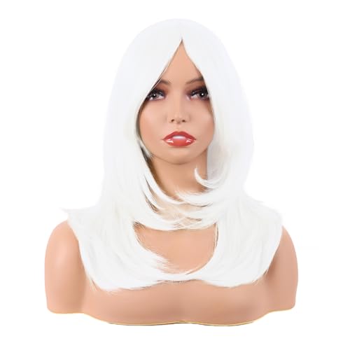 MapofBeauty 20 Pollice/50 cm Lungo Layered Con Frange Lisci Sintetico Fibra Shoulder Lunghezza Capelli per Quotidiano Parrucche (Bianco)
