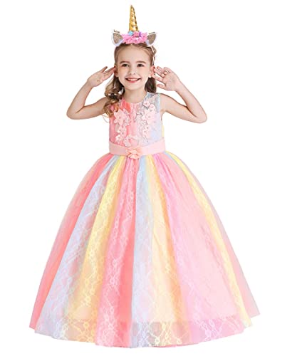 HIHCBF Disfraz de unicornio para niñas, vestido de fiesta de princesa, boda, cumpleaños, carnaval, largo con diadema, Rainbow 001, 11-12 Años
