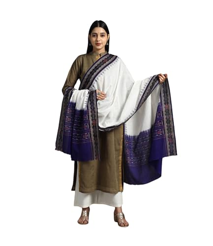 Image of Cotton Dupatta with weaving and Ikat woven border from the Weavers Stole for Girls & Women