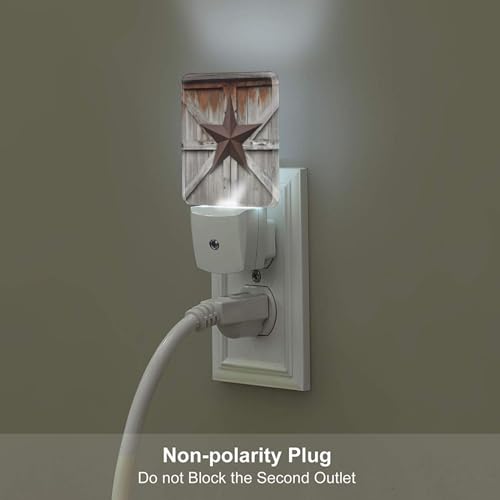 Image of Western Texas Star Night Light Set of 2, Old Barn Wood Auto Sensor LED Dusk-to-Dawn Nightlights, Plug-in Sensor Lamp for Bedroom Bathroom Kitchen Hallway Stairs Decorative