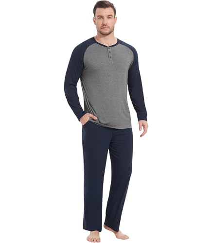 Image of NACHILA Mens Pajamas Set Viscose Made from Bamboo Henley Top Sleep Pants | Henley Top,Soft pants,Tagless Comfort,Moisture Wicking,Ultra silky, All season Loungewear Set, Jogger Sweatpant,Match set