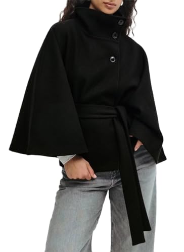 EUDOLAH Mujer Poncho Elegante Poncho Tipo Capa con Cuello Alto y Botones para Otoño e Invierno Bufanda Tipo Capa Elegante con Cinturón Abrigo (S, Negro)