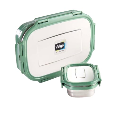 Veigo Jumbo Insulated [New Launch] Military Green Stainless Steel Lunch Box with Small Veg Box | Unbreakable Lid| Leakproof| Airtight| Easy to Open (950+180ML) Kids Office School Picnic & Travelling