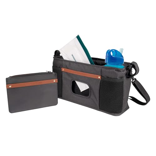Image of WONDERFOLD Universal Parent Console Stroller Organizer with Insulated Cup Holders, Hook & Loop Closure Handle Attachment, 2 Storage Pockets, Removable Shoulder Strap for Easy Transport