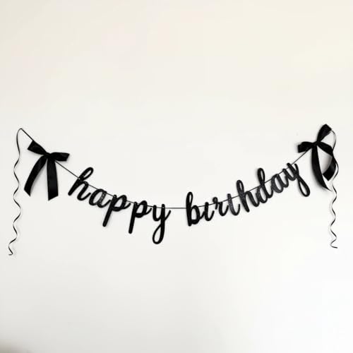 Black Happy Birthday Banner with 2 Bows Coquette Birthday Decorations for Black Bow Themed Party Elegant Garland
