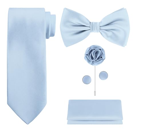 TIE G 5pcs Tie Set in Gift Box : Solid Color Necktie Satin Bow Tie Pocket Square Lapel Cuff Links (A-Baby Blue)