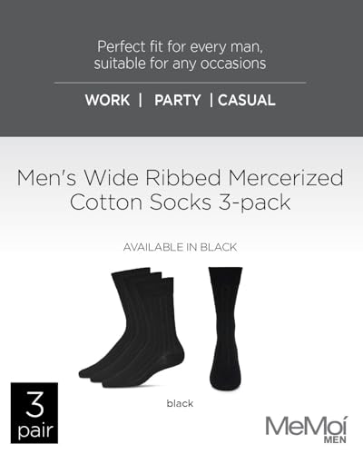 MeMoi Wide Ribbed Black Mens Crew Socks, Mercerized Cotton Mens Dress Socks - Sizes 9-15, Pack of 32
