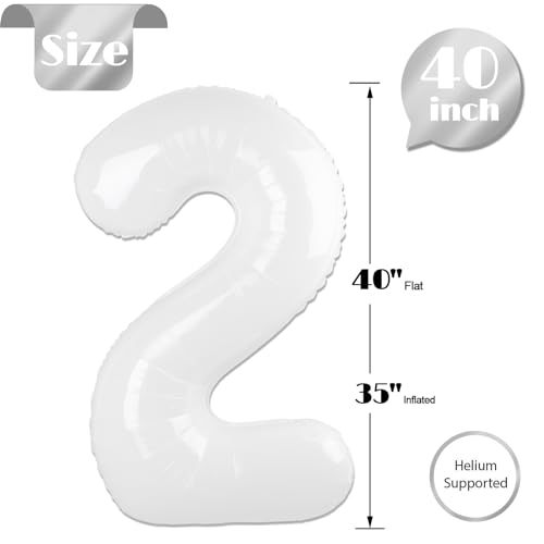 Image of White 2 Balloon, Translucent Number Balloons 40 Inch, 2nd Balloon Number Birthday Decorations, Second Two Birthday Party Supplies, Number 2 Balloon