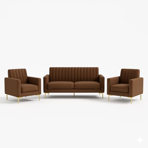 Image of 3+1+1 Seater Velum Fabric Sofa Set for Living Room, Modern Design with High Density Foam, Solid Wood Frame, Ergonomic Comfortable Seating for Home & Office (Dark Brown, 3+1+1)