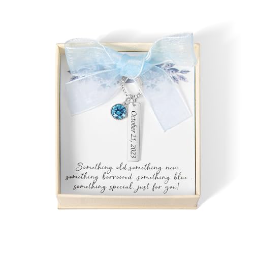 callie Personalized Wedding Bouquet Charm Blue, Engraved Bridal Flower Charm Gifts for Bride from Mom Sister Friend (with Card and Box)