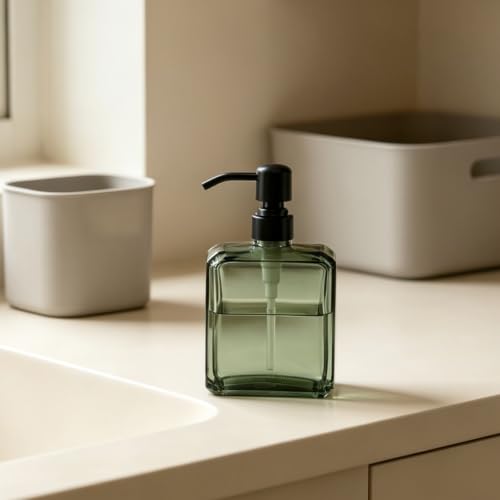 Image of Green Soap Dispenser Glass Rectangular, Black Pump, 13.5 oz | Rust Proof Stainless Steel Pump, Refillable, Hand Soap, Liquild Soap, Dish Soap, Bathroom, Kitchen