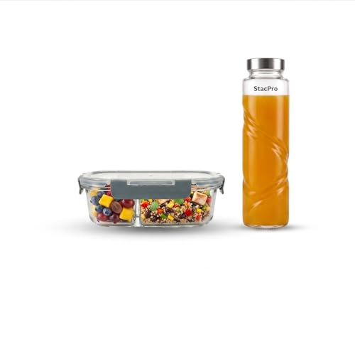 Image of Glass Lunch Box with 2 Compartments | Leakproof Borosilicate Glass Lunch Container with Airtight Lid | BPA Free Tiffin Box for Office, School & Travel (1x570ml + 1xHurricane Glass Bottle)