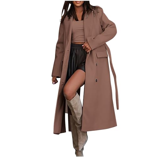 Women's Winter Double Breasted Wool Coat Long Sleeve Notch Lapel Overcoats Midi Long Winter Trench Coats Belt
