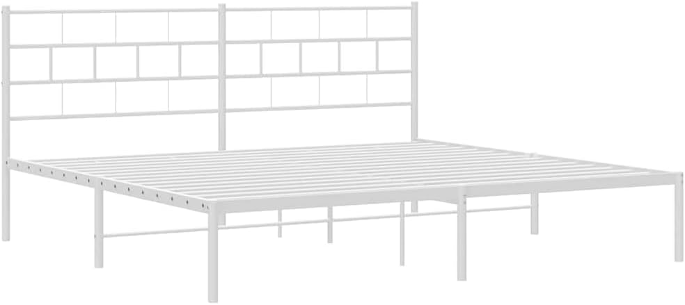 Metal Bed Frame White Powder-Coated Steel Full Size Platform Bed Frame with Headboard and Storage, Heavy-Duty Nonslip Foundation for Bedroom Mattress Support