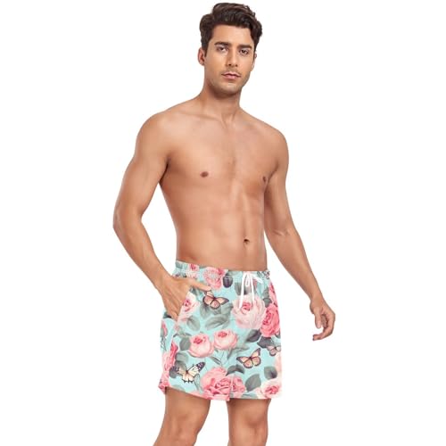 Pink Flowers Mens Swim Trunks with Compression Liner 4.7" Inseam Quick Dry Lightweight Swimming Shorts#5444