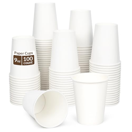 ESSENTIAL 100 Pack 9 oz Disposable Paper Coffee Cups White Drinking Cup for Hot/Cold Beverage Hot Coffee Cups for Party Picnic Travel and Events