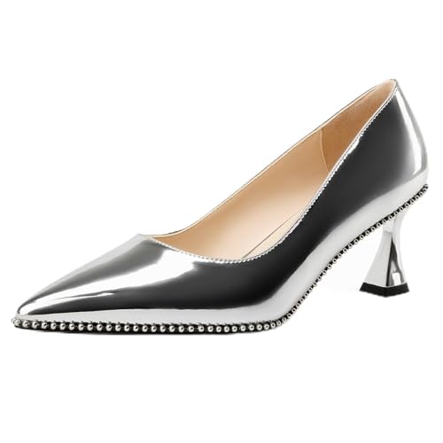 Image of TNYNFBEB Womens Kitten Heel Pointed Toe Pumps Slip-on Sliver Beaded Prom Wedding Dress Basic Classic Patent Leather Summer 2.6 Inches Heels