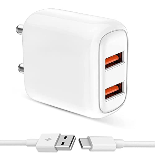 Image of Dual Port Charger for Vivo Y21T / Y 21 T Charger Original Adapter Like Wall Charger | Mobile Charger | Fast Charger | Android USB Charger With 1 Meter USB Type C Charging Data Cable (3.4 Amp, 2-Port, TORM1, White)